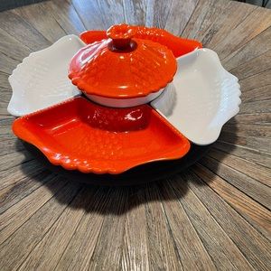 70’s MidCentury California Pottery serving set lazy Susan orange Easter table